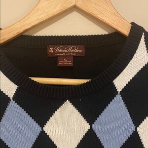 Brooks Brothers Navy Argyle Crewneck Sweater with Light Blue and White Diamonds